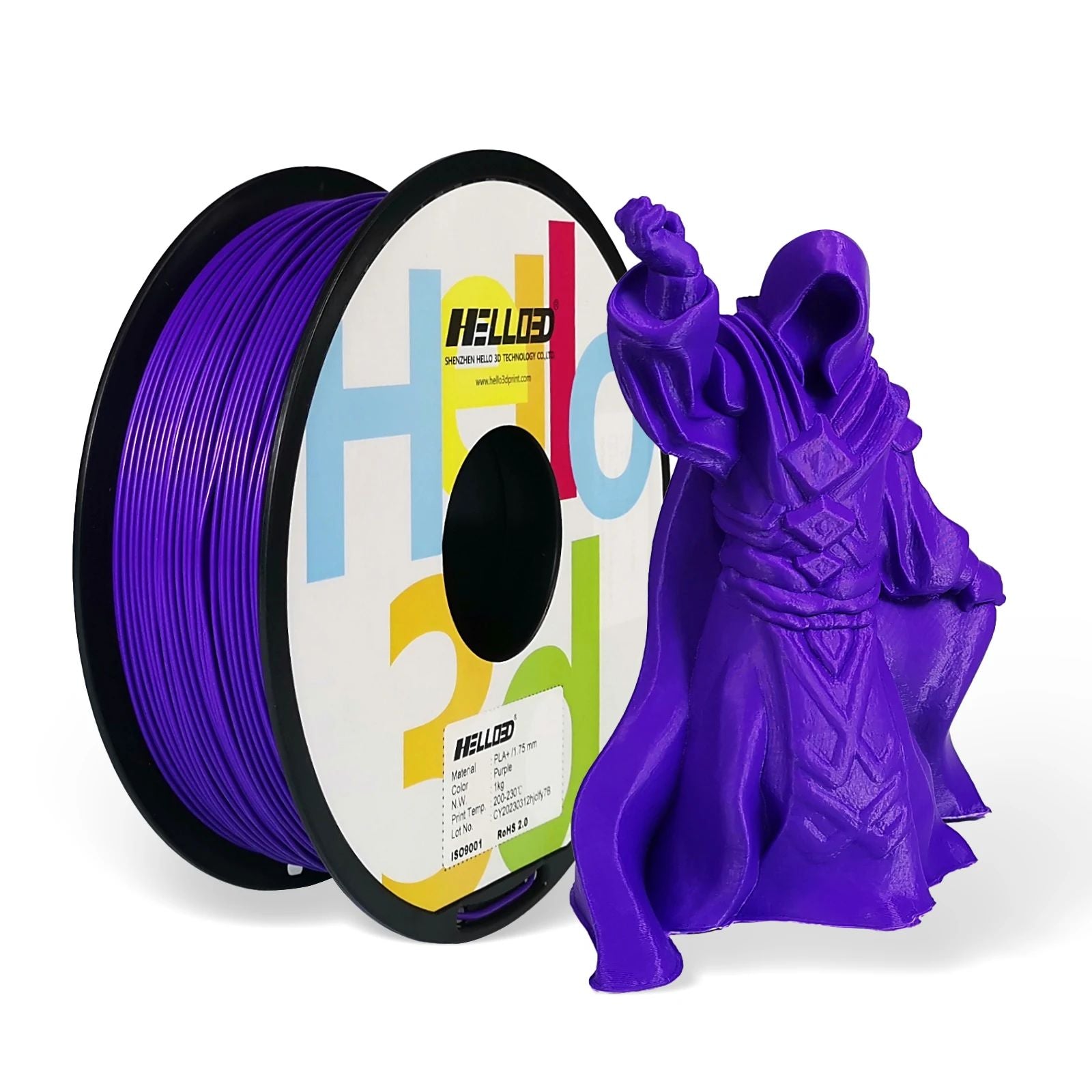 A spool of Hello3D TPU Flexible Standard Colour 1.75mm 3D Printing Filament in purple is shown beside a 3D-printed, purple figurine of a hooded, robed figure with one arm raised.