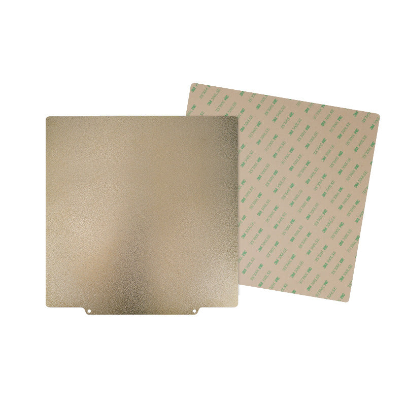 The Cirrus Link Double Side Coated PEI Hot Bed Platform with Magnetic Base features dual-textured square adhesive sheets, one positioned facing up and the other down to showcase the dual-sided coating. It is perfect for use as a PEI hot bed platform, ensuring secure adhesion and providing enhanced high-temperature resistance.