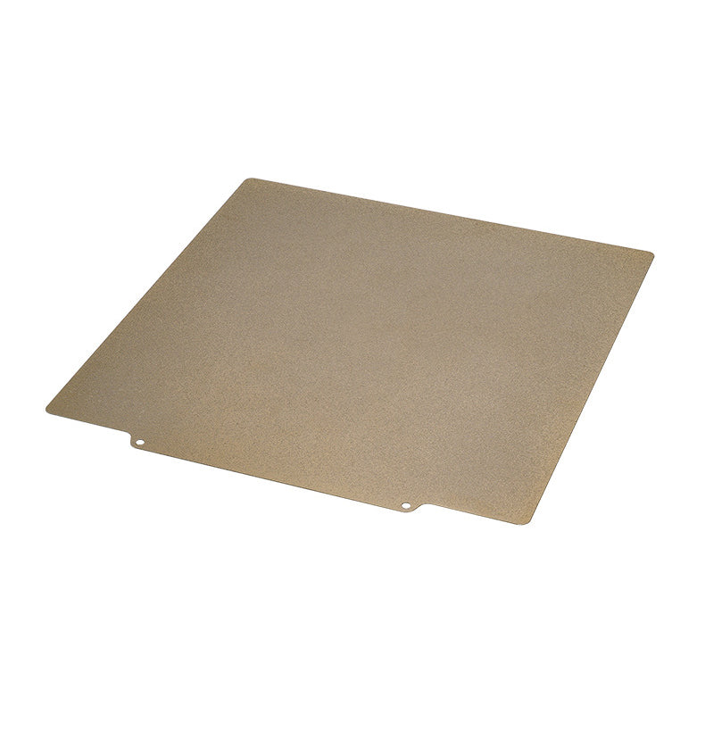 The product is a square metal sheet known as the Double Side Coated PEI Hot Bed Platform with Magnetic Base, offered by Cirrus Link - 3D Printing Online Store. It is designed with high-temperature resistance and includes two small notches on opposite sides. Displayed on a white background, it effectively showcases its efficiency for use in 3D printing applications.
