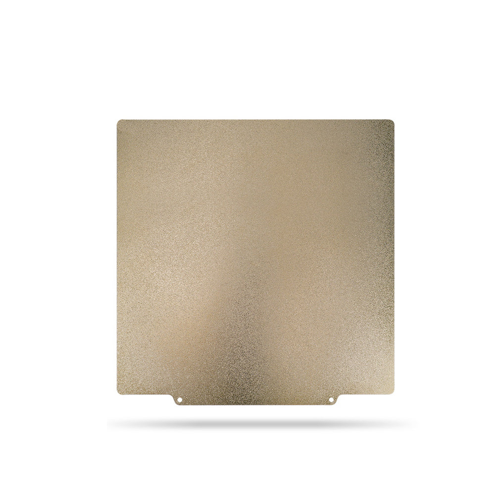A gold-textured, square metal sheet from Cirrus Link's 3D Printing Online Store, featuring high-temperature resistance and two small notches at the bottom edge, designed as the Double Side Coated PEI Hot Bed Platform with Magnetic Base, set against a white background.