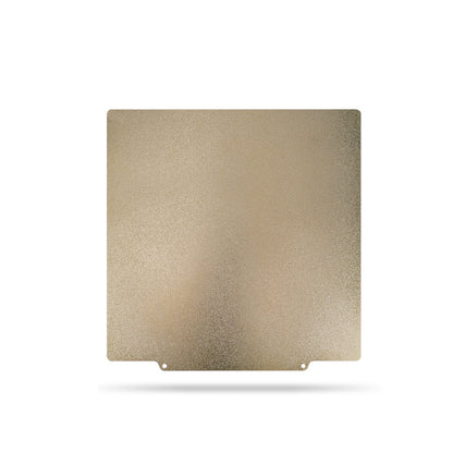 A gold-textured, square metal sheet from Cirrus Link's 3D Printing Online Store, featuring high-temperature resistance and two small notches at the bottom edge, designed as the Double Side Coated PEI Hot Bed Platform with Magnetic Base, set against a white background.