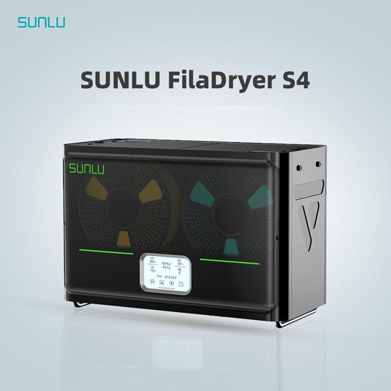 This image showcases the SUNLU S4 FilaDryer, a sleek black 3D filament drying solution featuring a digital display. Set against a light gray background, this 4-bay device ensures optimal filament drying, enhancing the quality of your multi-color printing projects.