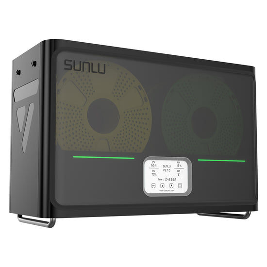 The SUNLU S4 FilaDryer is a 3D printer filament dryer equipped with a digital display to showcase settings for optimal filament drying. Its sleek black casing includes a semi-transparent cover, ensuring your materials are prepared for flawless multi-color printing.