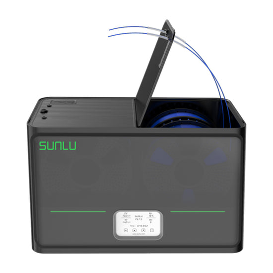 The SUNLU S4 FilaDryer: 4-Bay Filament Drying Solution features spools inside its open lid, skillfully crafted for effective filament drying. Perfect for multi-color printing projects, this device keeps your 3D printer filament in excellent condition.
