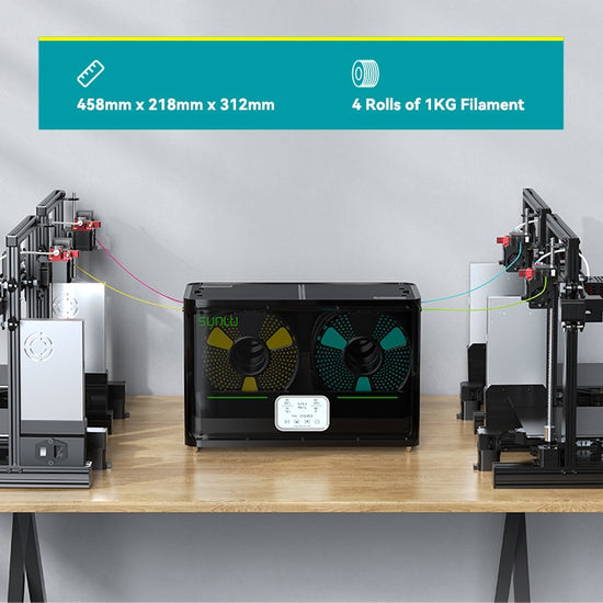 Two 3D printers stand on either side of the SUNLU S4 FilaDryer: 4-Bay Filament Drying Solution from SUNLU, which is elegantly positioned in the middle. This filament dryer box features dimensions and a capacity designed to accommodate four rolls of 1KG filament, facilitating seamless multi-color printing with precision and ease.
