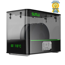 A black SUNLU FilaDryer E2 by 3D Printing Perth - Cirrus Link features a digital control panel, temperature display, and holds filament spools inside. An award badge in the top right highlights its rapid drying capabilities.