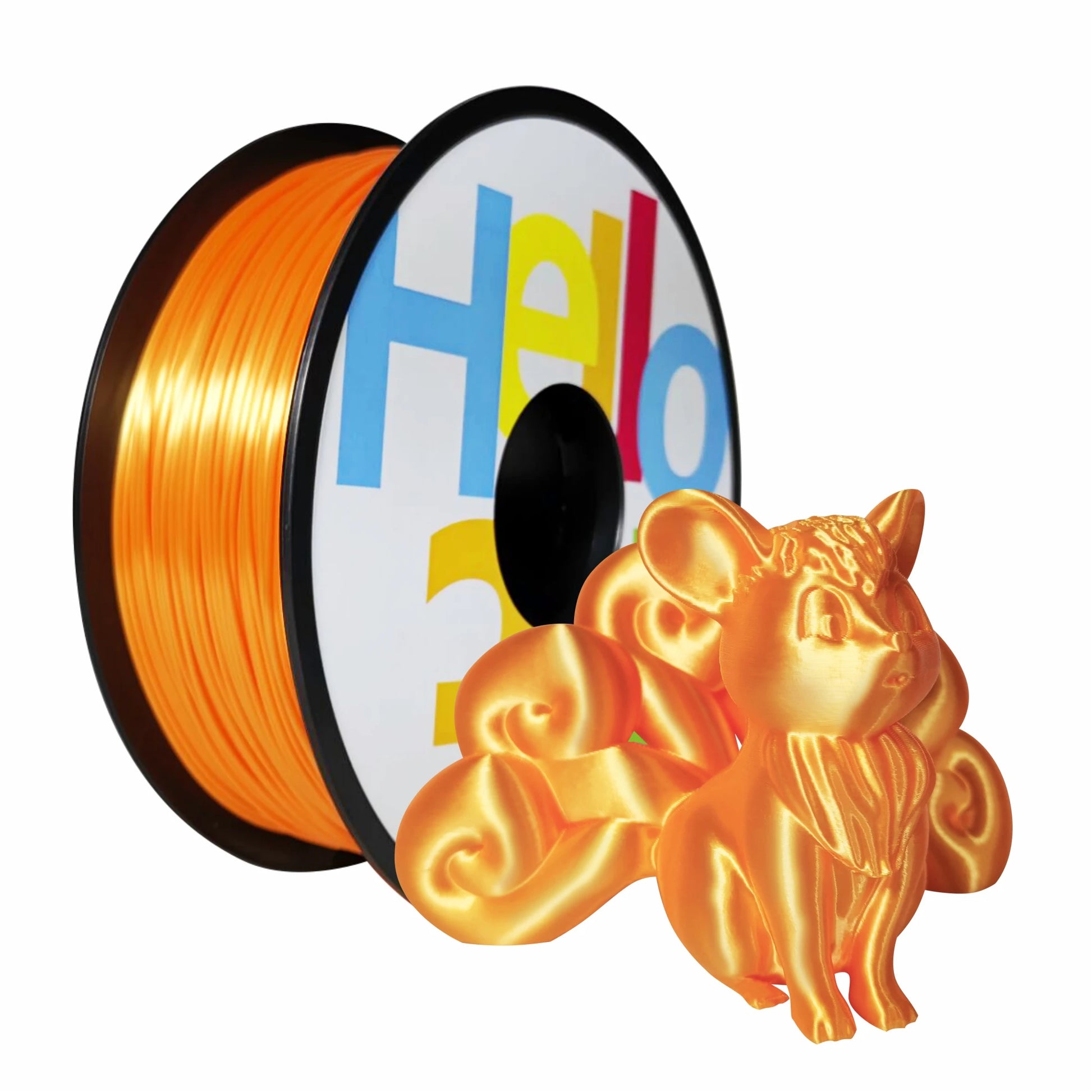 A spool of Hello3D PLA SILK Colour 1.75mm filament sits beside an orange, 3D-printed fox with large, curled tails—ideal for luxury prints with your Hello3D filament.