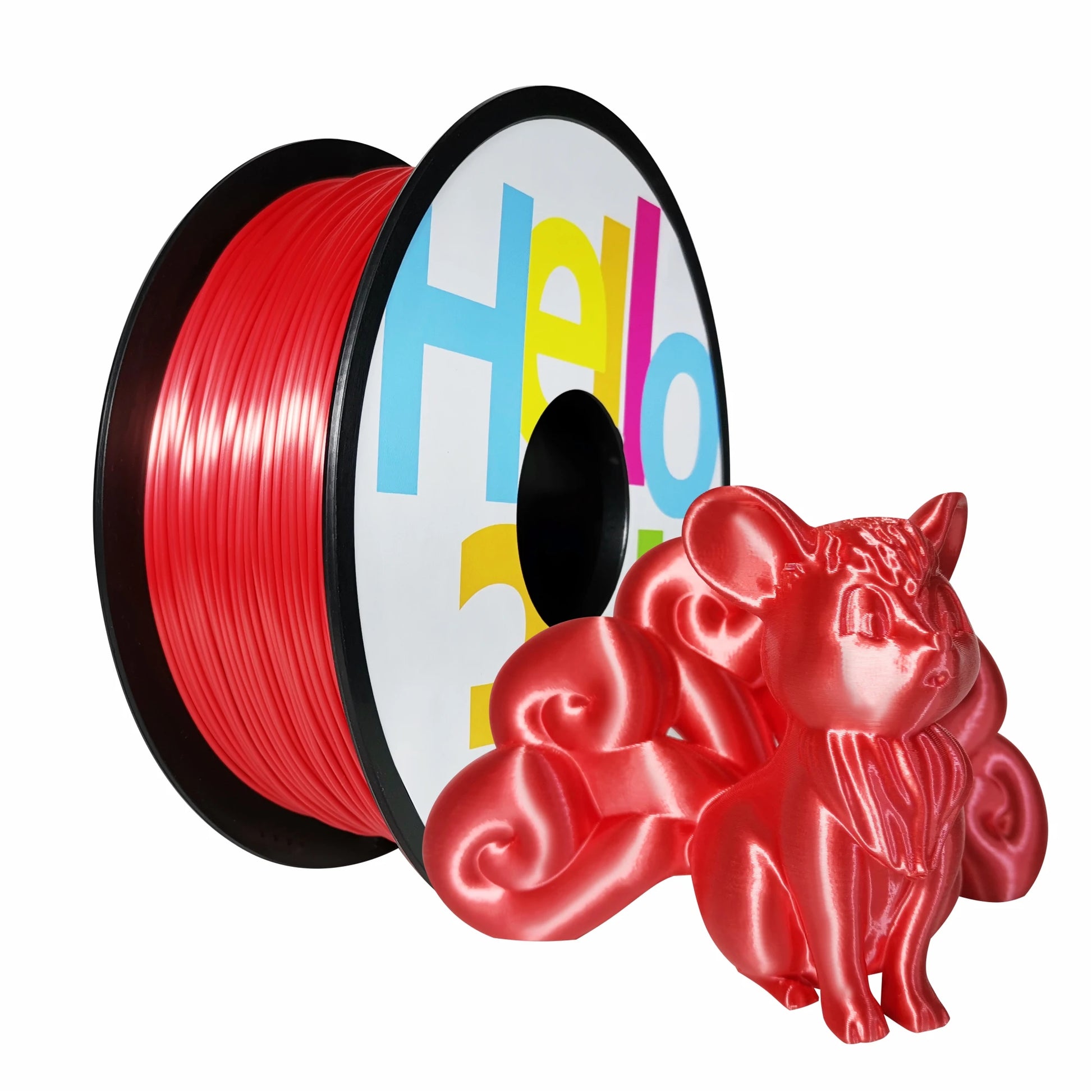 A spool of Hello3D PLA SILK Colour 1.75mm filament sits beside a shiny, red, multi-tailed fox print—ideal for creating luxury 3D prints with a striking, glossy finish.