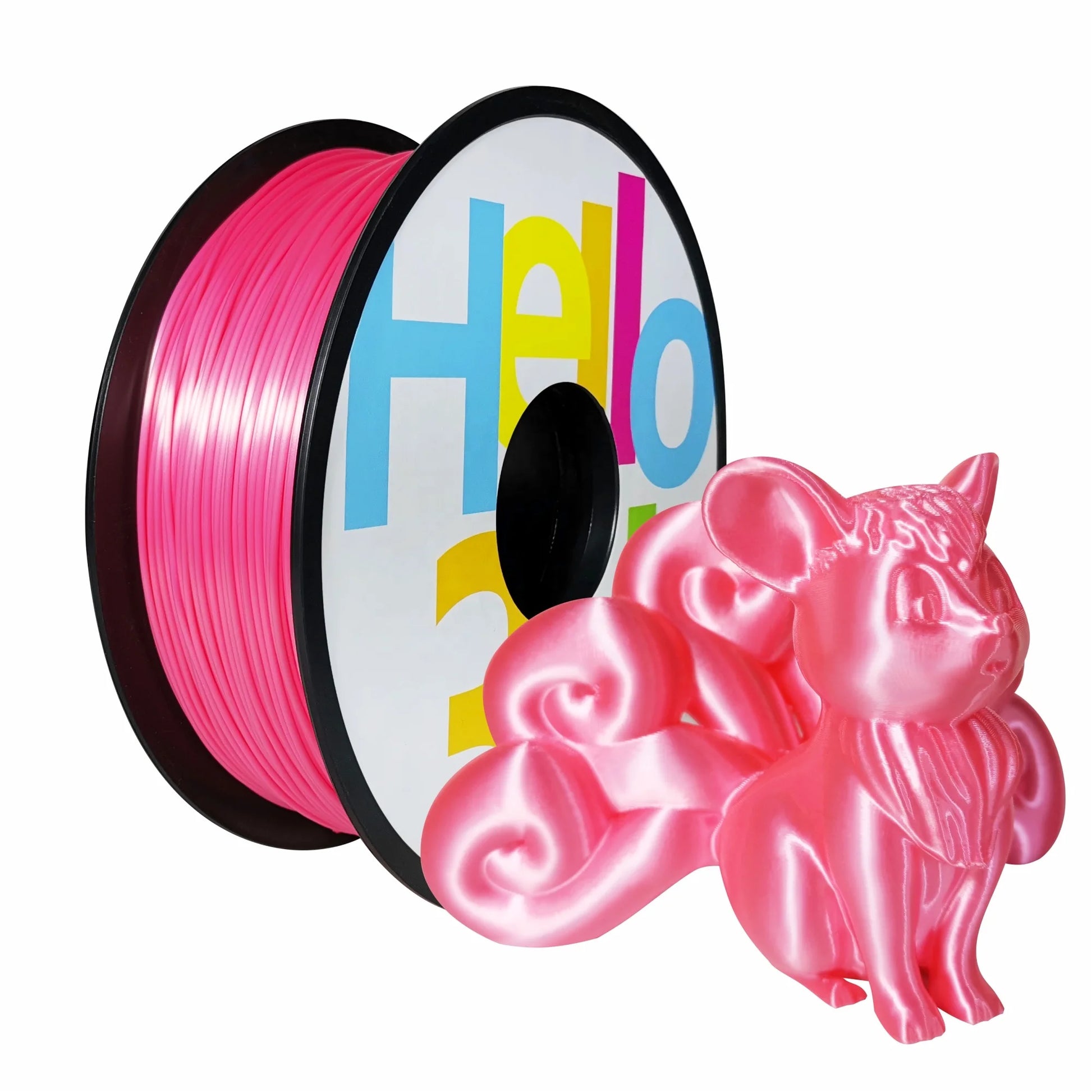 A spool of Hello3D PLA SILK Colour 1.75mm filament sits beside a shiny, multi-tailed fox-like 3D print—ideal for luxury projects.