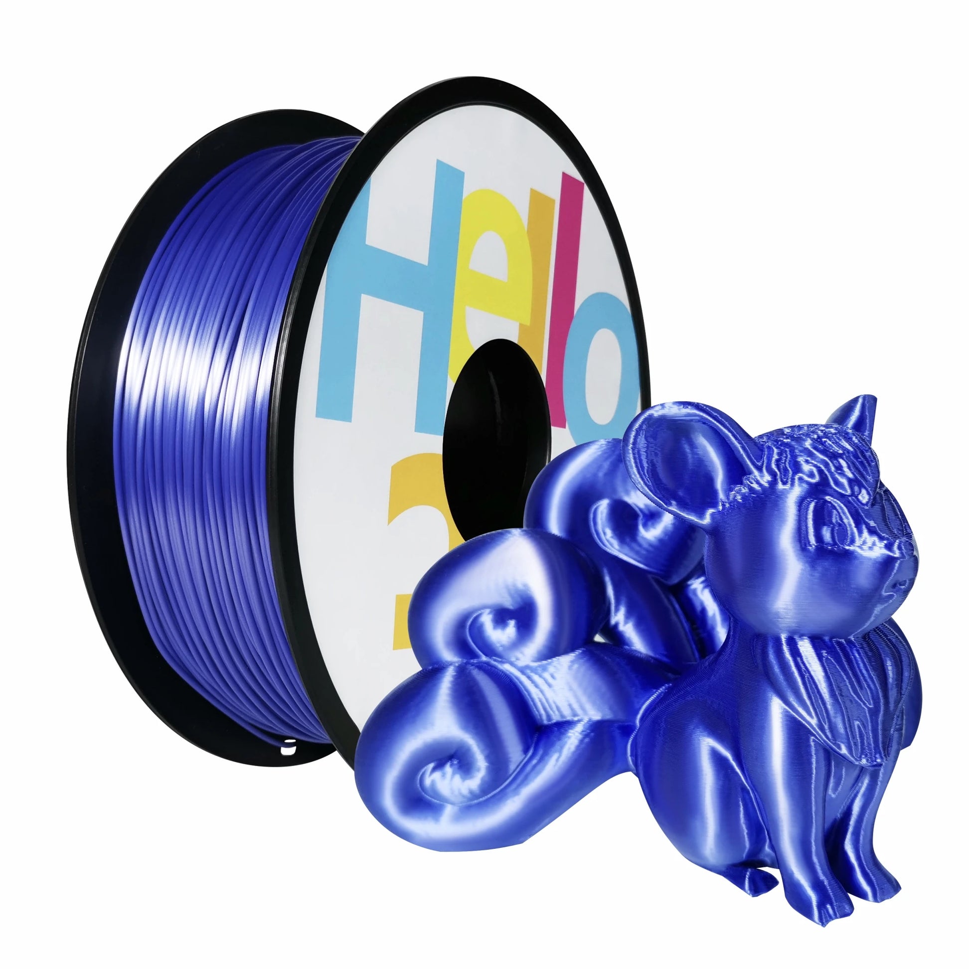 A spool of Hello3D PLA SILK Colour 1.75mm filament is next to a glossy blue 3D-printed animal, highlighting the luxury prints possible with precise Hello3D filament.