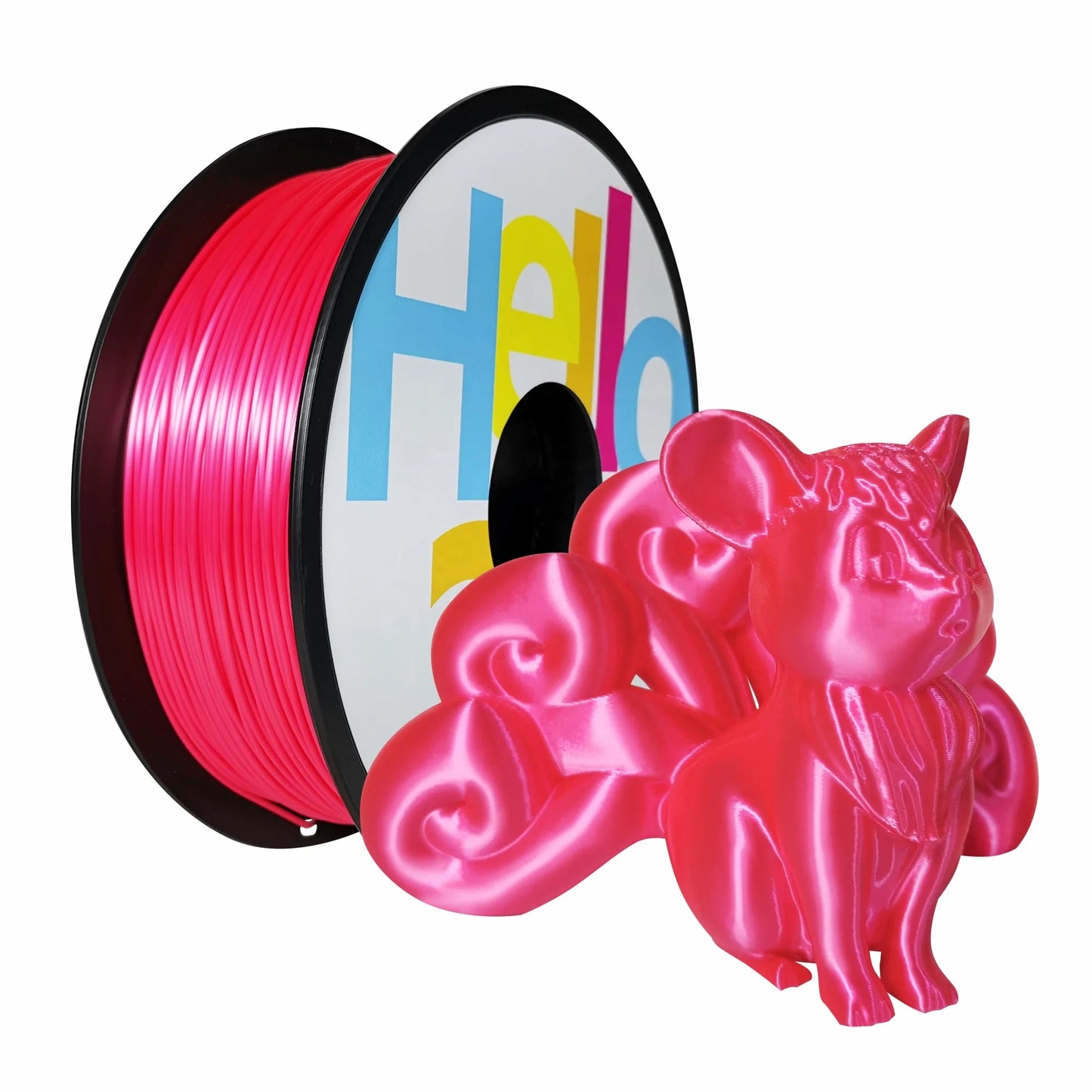 A spool of Hello3D PLA SILK Colour 1.75mm filament sits beside a glossy pink nine-tailed fox figurine, both crafted from premium Hello3D filament—ideal for luxury 3D prints.