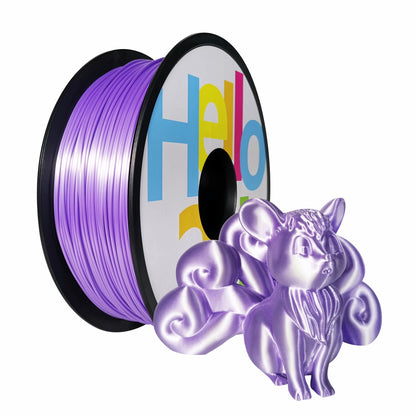 A spool of Hello3D PLA SILK Colour 1.75mm filament sits beside a glossy purple, multi-tailed 3D-printed fox—perfect for creating luxurious and vibrant 3D prints with Hello3D quality.