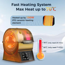 A diagram of the Sovol Filament Dual Bay Dryer SH02 by SOVOL highlights its fast 360° PTC surround heating up to 70°C with a 150W element, digital display, thermometer graphic for heating times, and adjustable temperature settings.