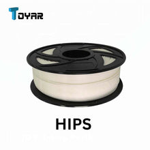 A spool of Toyar HIPS Standard Colour 1.75mm white 3D printing filament is shown on a black reel, with the Toyar brand name in the top left corner.