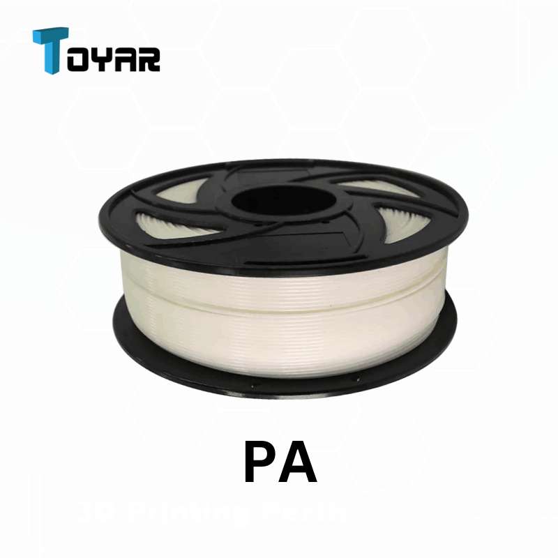 A spool of Toyar PA (Nylon) 1.75mm white 3D printing filament comes on a black reel and is branded "Toyar.