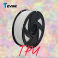 A black spool of Toyar TPU Standard Colour 1.75mm 3D Printing Filament (white) is shown against a blurred, colorful background with "TPU" in red text, emphasizing its flexibility for 3D printing.