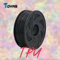 A spool of Toyar TPU Standard Colour 1.75mm 3D Printing Filament is displayed against a blurred colorful background, with "TPU" in red at the bottom.