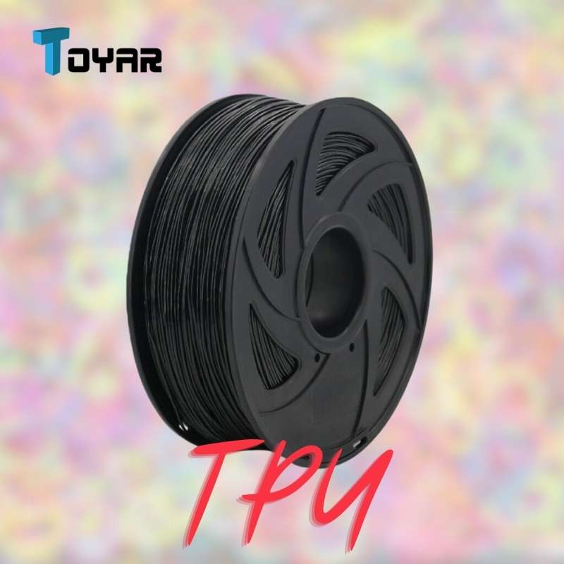 A spool of Toyar TPU Standard Colour 1.75mm 3D Printing Filament is displayed against a blurred colorful background, with "TPU" in red at the bottom.