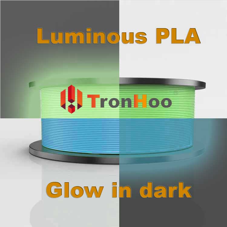 A close-up view of a Tronhoo luminous PLA 1.75mm 3D printing filament spool glowing in the dark.