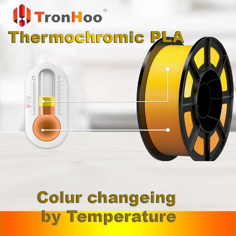 A spool of Tronhoo Thermochromic PLA 1.75mm filament in a vibrant color-changing hue.