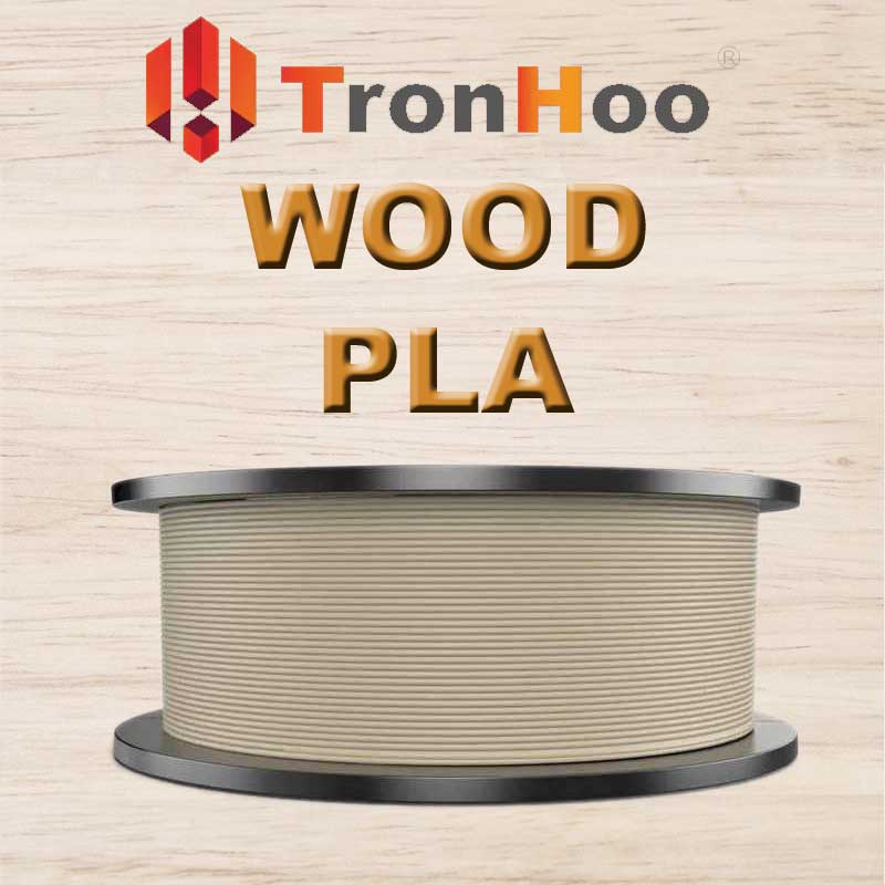 A collection of various 3D-printed items made from Tronhoo Wood PLA filament, showcasing its versatility.