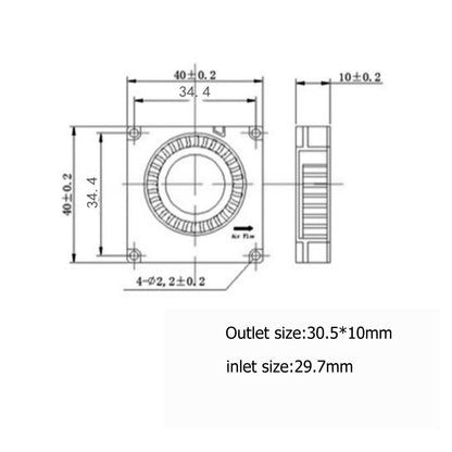 Here is a technical diagram of the Turbo Fan 4010 by 3D Printing Perth - Cirrus Link. This fan measures 40mmx40mmx10.2mm and features Dual Ball Bearing technology for enhanced durability. It includes an outlet size of 30.5x10mm and an inlet size of 29.7mm, with directional arrows to indicate air flow—perfect for precision in your upcoming 3D printing projects.
