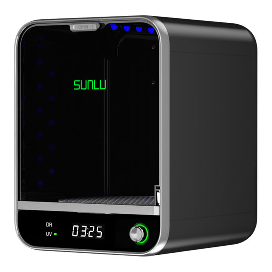 The SUNLU UV Resin Curing Box RC-2 - 2nd Gen, by 3D Printing Perth - Cirrus Link, in sleek black and silver with a "Sunlu" screen and a "03:25" timer, promises precision. It offers rapid air drying with a 360° curing surround for efficient UV resin curing.