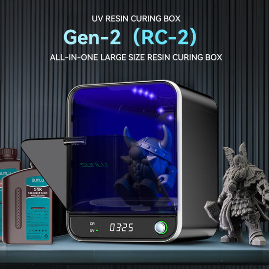 The SUNLU UV Resin Curing Box RC-2 by 3D Printing Perth - Cirrus Link, showcases its blue-lit interior with an open door, providing 360° curing, and a model figurine inside. Two bottles of resin are placed beside the unit.