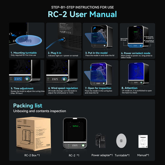 The SUNLU UV Resin Curing Box RC-2 - 2nd Gen by 3D Printing Perth - Cirrus Link includes a manual with setup steps 1-8 and images. The package contains the RC-2 unit, power adapter, turntable, and manual. It features Rapid Air Drying and 360° Curing Surround for efficient UV resin curing.