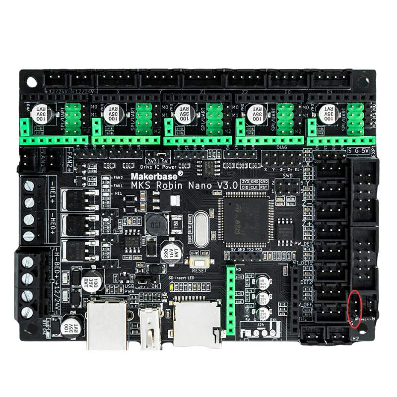 A MakerBase Motherboard MakerBase MKS Robin Nano V3.0 board with green wires and 3D printers.