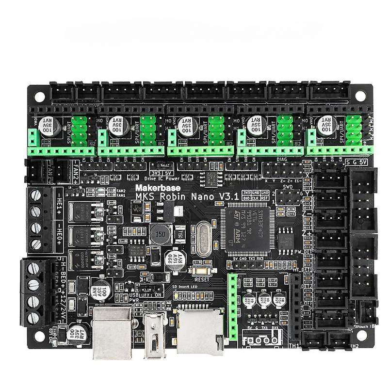 The Motherboard MakerBase MKS Robin Nano V3.1 can be upgraded with a STM32F407VET6 microcontroller to support Marlin 2.0.x and function as a 3D printer motherboard.