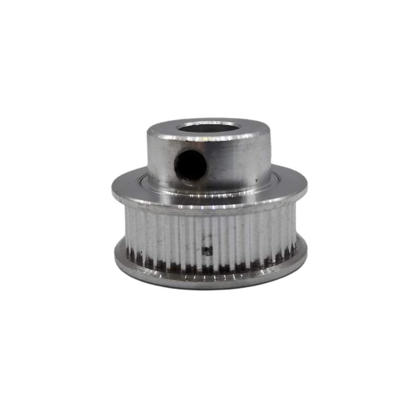 A stainless steel GT2 6mm Bore Synchronous Wheel pulley on a white background by 3D Printing Perth - Cirrus Link.