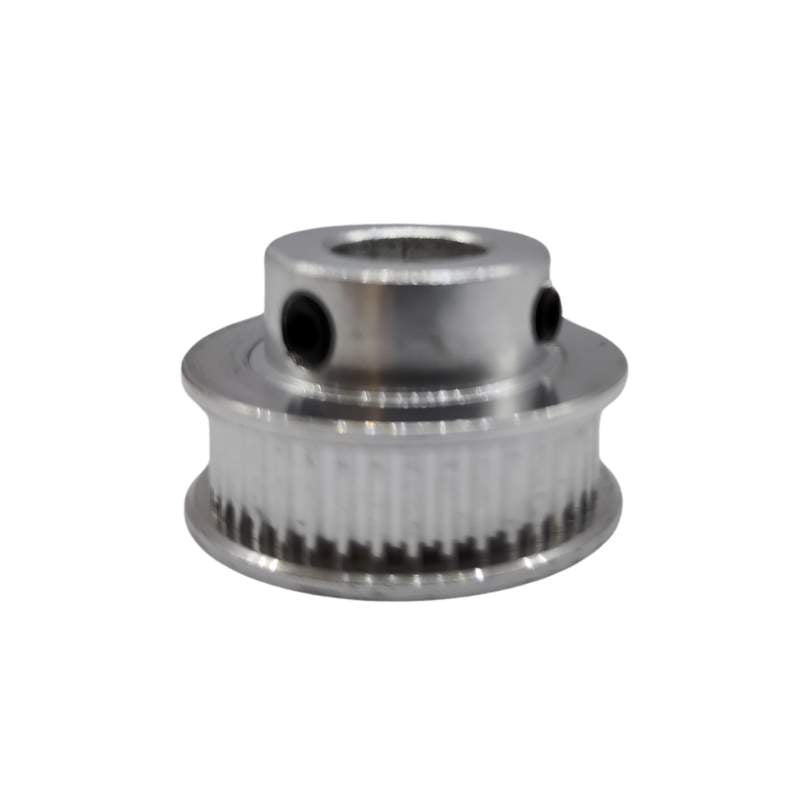 A stainless steel GT2 6mm Bore Synchronous Wheel pulley, showcased on a white background, by 3D Printing Perth - Cirrus Link.