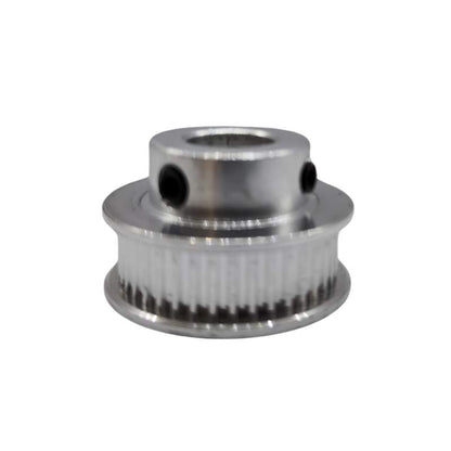 A stainless steel GT2 6mm Bore Synchronous Wheel pulley, showcased on a white background, by 3D Printing Perth - Cirrus Link.