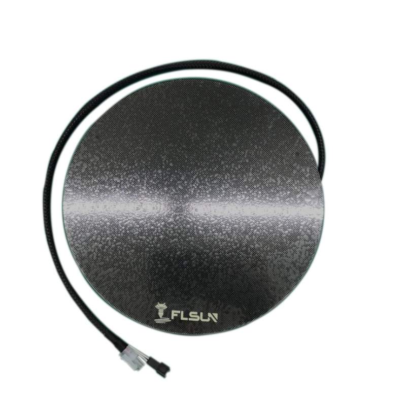 A black cord is attached to a FLSUN Flsun Q5 24V glass Heart bed Platform 215mm*215mm.
