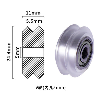 Explore the detailed diagram and 3D view of the Pulley Wheel V Wheel by 3D Printing Perth - Cirrus Link. Featuring a 5mm inner hole, 11mm width, 24.4mm outer diameter, a groove width of 5.5mm, and V-groove depth of 5mm—perfect for precision in your next 3D printer project.