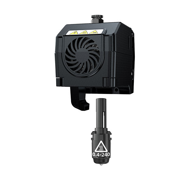 The Extruder Assembly for the Flashforge Adventurer 4 Series includes a black cooling fan with a cylindrical nozzle attached underneath, vital for efficient 3D printing. It also shows "0.4-240" next to a heat warning symbol to ensure safe operation.