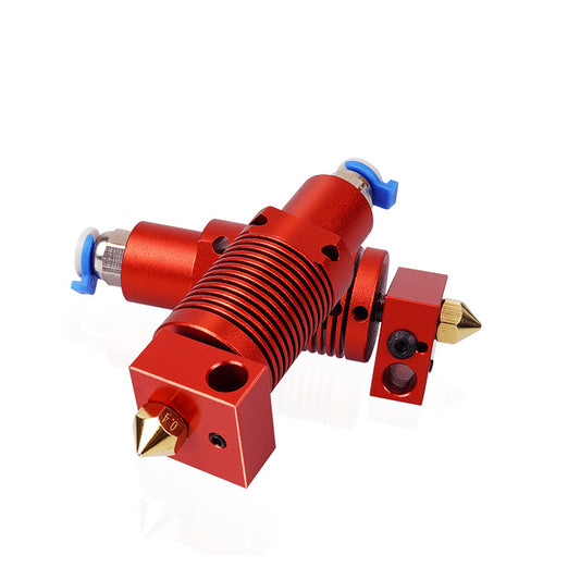 A CR10S PRO Ender-3 S1 PRO Remote Extrusion 3D Printer Print Head by 3D Printing Perth - Cirrus Link, showcasing a durable metal nozzle and blue connectors, is set against a white background.