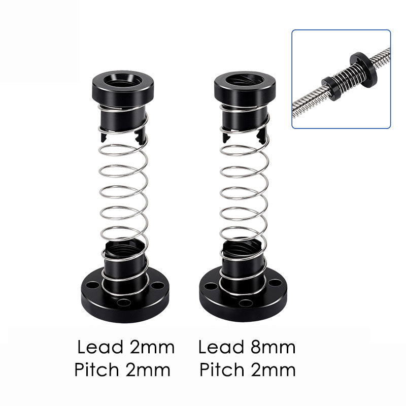 Two black ASR T8 metal springs labeled “Lead 2mm, Pitch 2mm” and “Lead 8mm, Pitch 2mm,” plus a threaded rod inset—perfect for upgrading your 3D printer Z-axis with the ASR T8 Flexible POM Nut for lead screws.