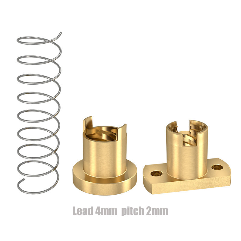 The ASR T8 Brass Flexible Nut – Z-Axis Lead Screw, shown with a metal spring and two nuts with mounting holes, is ideal for 3D printer Z-axis use; text below states "Lead 4mm pitch 2mm".