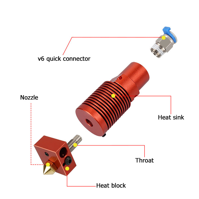 The CR10S PRO Ender-3 S1 PRO Remote Extrusion 3D Printer Print Head by 3D Printing Perth - Cirrus Link includes components such as a v6 quick connector, heat sink, throat, heat block, and nozzle.