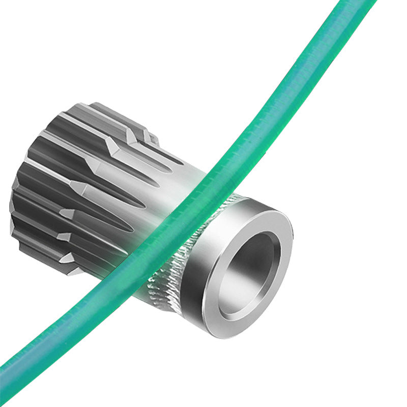 A metal gear from the "BMG Double Gear Feed Wheel and Wire Wheel Kit" by 3D Printing Perth - Cirrus Link is partly intersected by a translucent green curved line on a white background.