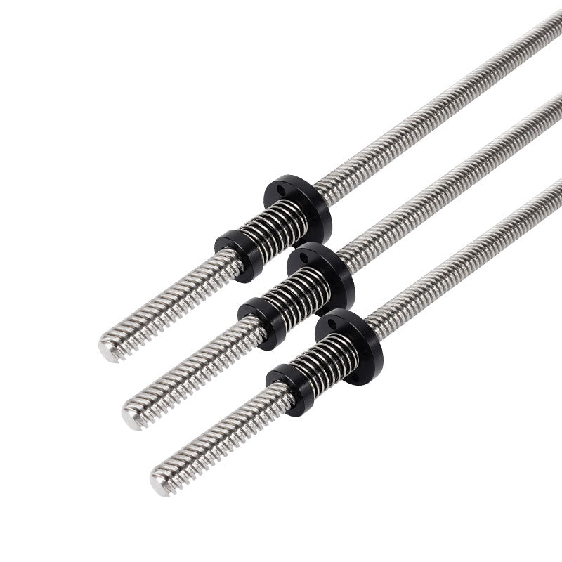 Three ASR T8 Flexible POM Nuts with metal lead screws, designed for Z-axis use in 3D printers, are displayed diagonally on a white background.