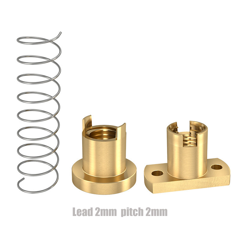 An ASR T8 Brass Flexible Nut – Z-Axis Lead Screw with mounting base and a metal spring, labeled "Lead 2mm pitch 2mm," perfect for Z-axis elevation in 3D printers.