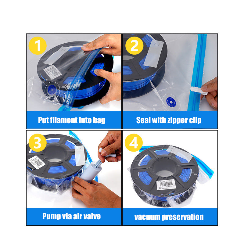 Instructions on storing filament: Use the 3D Printing Perth - Cirrus Link Vacuum Bags with Air Pump Sealing Kit. Place the filament in one of the provided vacuum storage bags, seal it using a zipper clip, and use the air pump to remove air through the valve. For optimal longevity, preserve it in this tightly sealed environment.