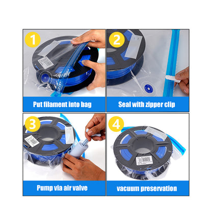 Instructions on storing filament: Use the 3D Printing Perth - Cirrus Link Vacuum Bags with Air Pump Sealing Kit. Place the filament in one of the provided vacuum storage bags, seal it using a zipper clip, and use the air pump to remove air through the valve. For optimal longevity, preserve it in this tightly sealed environment.