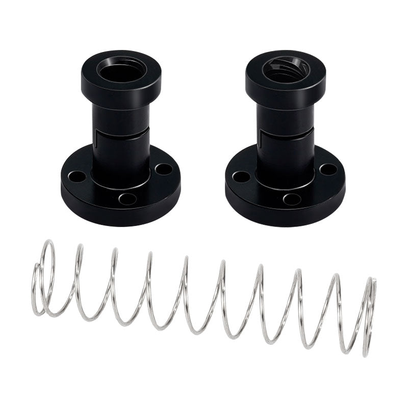 Two black ASR T8 Flexible POM Nuts with flange bases are shown with a coiled metal spring on a white background, ideal for 3D printer Z-axis lead screw setups.