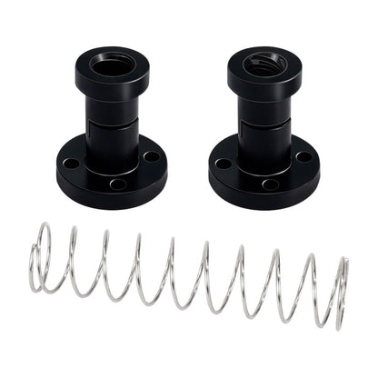Two black ASR T8 Flexible POM Nuts with flange bases are shown with a coiled metal spring on a white background, ideal for 3D printer Z-axis lead screw setups.