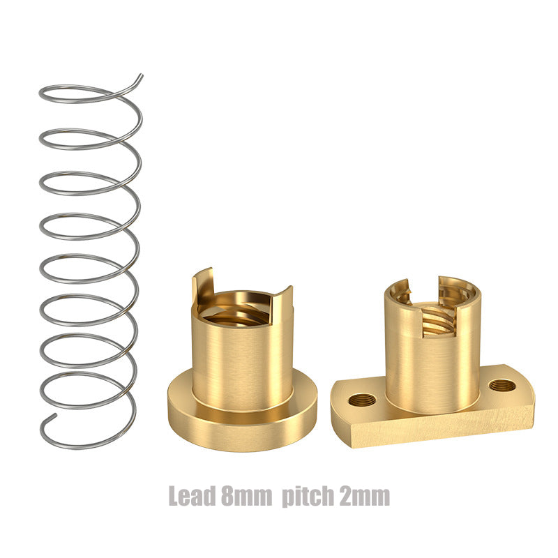 The ASR T8 Brass Flexible Nut for Z-Axis Lead Screw and a spring are shown with two different mounting bases, ideal for 3D printer Z-axis elevation. Text reads "Lead 8mm pitch 2mm.