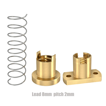 The ASR T8 Brass Flexible Nut for Z-Axis Lead Screw and a spring are shown with two different mounting bases, ideal for 3D printer Z-axis elevation. Text reads "Lead 8mm pitch 2mm.